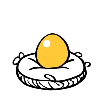A "golden egg" resting on a "velvet cushion." The velvet cushion has intricate patterns, and there are soft folds and shadows accentuating its texture. The light source casts soft highlights on the surface of the egg, showcasing its smooth, reflective surface. The background is simple, allowing the focus to remain on the egg and the cushion.