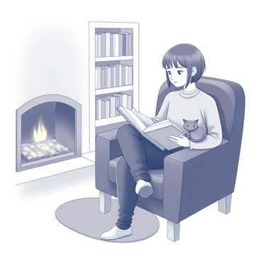 A person is sitting in a comfortable armchair, deeply engrossed in a book. The person has short hair and is wearing a cozy sweater. Next to them, a cat is curled up peacefully on the armrest, its tail wrapped around its body. The fireplace nearby has a gentle flame flickering, casting soft shadows in the room. The walls are lined with bookshelves filled with various books. A small rug is placed beneath the armchair, adding warmth to the scene. The atmosphere exudes a sense of calm and relaxation.