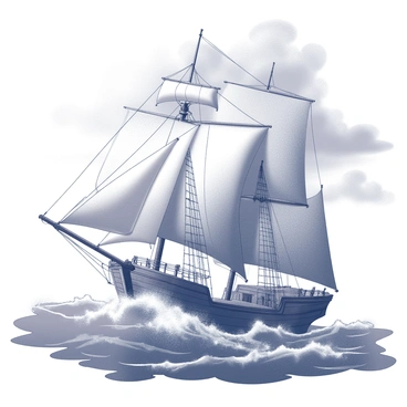 A medieval ship with a prominent wooden hull is depicted in the center of the image. The ship's billowing sails are fully unfurled, capturing the wind as it navigates through tumultuous waves. The sea is choppy, with large crests of foamy white water crashing against the sides of the vessel. Dark clouds loom overhead, emphasizing the stormy atmosphere. The ship's mast rises tall against the turbulent sky, and the intricate rigging is visible, adding to the sense of movement and struggle against the elements.