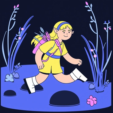 An elf with pointed ears and long flowing hair is cautiously exploring a mysterious swamp. The elf is wearing a simple tunic and has a quiver of arrows slung over their shoulder. Surrounding the elf are tall, dark green reeds and murky water. The swamp is illuminated by plants that emit a soft, eerie glow in shades of blue and purple. The elf is stepping carefully over roots and stones, with a look of curiosity and alertness on their face as they peer into the shadows of the trees.