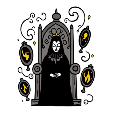 An evil queen with pale skin and long black hair is seated on an ornate throne made of dark stone and intricately carved patterns. She is wearing a black gown adorned with silver accents and a high collar, exuding an air of power. Surrounding her are swirling tendrils of dark magic, glowing ominously. Various enchanted mirrors of different shapes and sizes are positioned around the throne, reflecting distorted images and casting an eerie light. The queen has a sinister expression, with piercing eyes that seem to draw in anyone who gazes upon her.