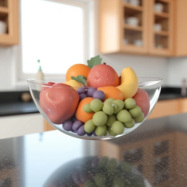A bowl filled with assorted fruits, including red apples, bananas, oranges, and grapes, is floating above a kitchen counter. The kitchen counter is made of dark granite, and in the background, there are wooden cabinets and a window letting in natural light. The fruits in the bowl appear vibrant and fresh, with droplets of water on their surfaces, creating a lively and colorful display. The bowl itself is glass, reflecting the kitchen surroundings.