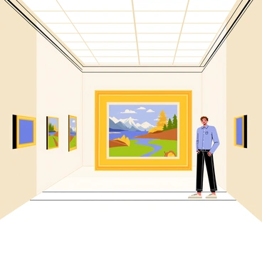 A person with short brown hair is standing in a grand art museum. The person is wearing a light blue shirt and jeans, with an expression of awe on their face. In front of them is a famous painting displayed on a large, ornate golden frame. The painting features vibrant colors and intricate details, depicting a scenic landscape. The museum walls are adorned with other artworks, and the ceiling is high with decorative moldings. Soft lighting illuminates the space, creating a warm atmosphere.