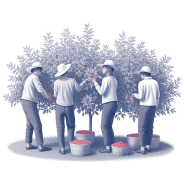 A serene scene of workers picking coffee cherries from mature plants