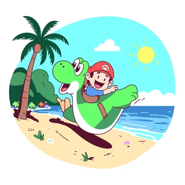 A green Yoshi is joyfully playing with a small baby Mario on a sandy beach on a tropical island. The sun is shining brightly in the sky, casting cheerful shadows. Yoshi is jumping with excitement, his eyes wide and a smile on his face. Baby Mario, wearing his signature red cap, is giggling as he rides on Yoshi's back, holding onto Yoshi's neck for support. The background features tall palm trees swaying gently in the breeze, and colorful flowers dot the landscape. In the distance, there are rolling waves and a clear blue ocean, enhancing the vibrant atmosphere of the scene.