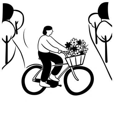 A person riding a bicycle with a large basket on the front filled with an assortment of flowers. The flowers are in various shapes and sizes, creating a vibrant display. The bike has a classic design, with a curved frame and handlebars. The background features a winding path and trees lining either side, providing context for the scene.