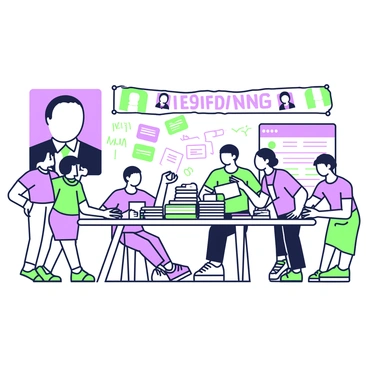 The interior of a campaign office is filled with activity and energy. Several "posters" featuring slogans and images of the candidate are displayed prominently on the walls. A large "table" in the center is covered with stacks of "letters" and materials for supporters to sort through. Around the table, "volunteers" are engaged in various tasks, some are writing, while others are organizing the materials. "Banners" with campaign messages hang from the ceiling, adding to the vibrant atmosphere. A "whiteboard" filled with notes and plans is visible in the background, and the overall scene conveys a sense of teamwork and dedication.