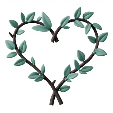 A detailed illustration of a heart shape formed by intertwining branches and vibrant green leaves. The branches curve and twist to create the outline of the heart, while the leaves are varied in size and shape, some small and delicate, others larger and more pronounced. The colors of the leaves range from deep emerald green to lighter shades, adding depth to the composition. The branches have a rugged texture, appearing strong and robust, symbolizing a connection to nature. The overall image conveys a sense of harmony and love for the natural world.