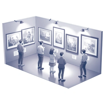 A gallery section filled with framed illustrations on the walls. Each illustration depicts a different significant historical event. The frames vary in design, with some being ornate while others are simple. The floor is polished, reflecting the light from overhead spotlights. In front of the illustrations, there are small placards providing information about each event. Visitors are seen standing and observing the illustrations, while some are engaged in conversation about the displayed works. The overall atmosphere is one of learning and appreciation for history.