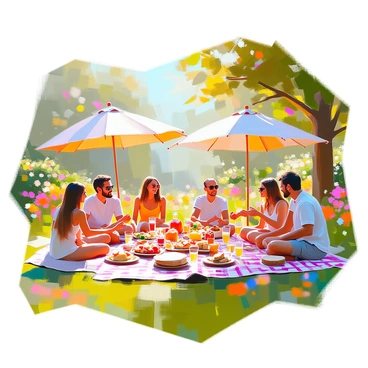 A vibrant summer solstice garden party is taking place in a lush, green garden filled with colorful flowers. Groups of people are scattered throughout the scene, enjoying a picnic on checkered blankets. There are individuals sitting on the grass, sharing food and drinks, while others are playing games nearby. Some guests are wearing bright, cheerful summer attire, and there are large umbrellas providing shade. The table is adorned with a variety of fresh fruits, sandwiches, and beverages. Sunlight filters through the leaves of trees, creating a warm and inviting atmosphere.
