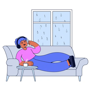 A person lounging comfortably on a soft, gray sofa. The individual is wearing oversized headphones, with their eyes closed, immersed in music. Next to the sofa is a small round table holding a steaming white coffee cup. A large window in the background shows a view of rain falling against the glass, with droplets creating a pattern. The overall atmosphere is cozy and relaxed.