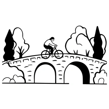 A cyclist riding a black bike is depicted on a historic stone bridge. The bridge features intricate stonework and arches. Lush trees line the sides of the bridge, with some branches extending over it. The cyclist is positioned in the center, leaning slightly forward, as if gaining speed. The scene is framed by the bridge's robust structure and the surrounding nature.