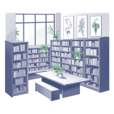 A library filled with tall wooden bookshelves overflowing with books on botany. The shelves are arranged in an organized manner, and each book spine is clearly visible. The walls are decorated with intricate illustrations of various plants, showcasing their details and forms in a monochrome style. A large wooden table is placed in the center, surrounded by comfortable seating. Soft light filters through large windows, casting gentle shadows across the space. A few green potted plants are strategically placed throughout the library, adding to the atmosphere of botanical study.
