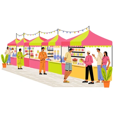 A vibrant market scene filled with various stalls selling traditional Eid items. The stalls are covered with colorful canopies in shades of red, green, and yellow. Each stall displays an array of items, including beautifully designed prayer mats, intricately decorated lanterns, and an assortment of sweet treats such as colorful baklava and dates. Shoppers, dressed in colorful traditional attire, browse through the stalls. A gentle breeze causes the canopies to flutter, while strings of lights hang above, adding to the festive atmosphere. The ground is paved with cobblestones, and potted plants with bright flowers are placed near the stalls, enhancing the lively setting.