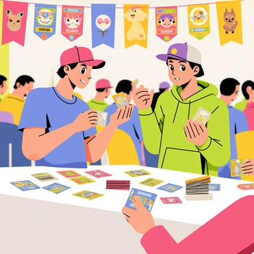 Two friends are standing at a colorful card convention table, engaged in trading rare Pokémon cards. One friend, wearing a red baseball cap and a blue t-shirt, holds out a shiny holographic card, while the other friend, in a green hoodie, eagerly responds with a vintage card featuring "Charizard." Surrounding them are various other attendees, some looking through stacks of cards and others displaying their collections. Colorful banners and posters featuring popular Pokémon characters hang in the background, adding to the vibrant atmosphere of the convention.