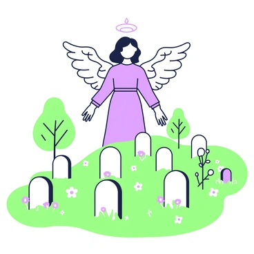 An angelic figure is standing gracefully above a peaceful cemetery. The figure has gentle features and large, intricate wings that extend outward. Below, rows of headstones are arranged neatly among soft green grass. A few trees with delicate leaves are scattered throughout the cemetery, providing a natural backdrop. Some flowers are blooming at the base of the headstones, adding small bursts of color. The sky above is clear, giving a serene atmosphere to the scene. The entire setting conveys a sense of tranquility and watchfulness.