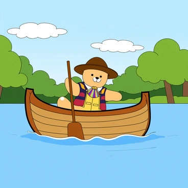 A cartoon-like illustration of "Puss in Boots," a cat wearing a wide-brimmed hat and a colorful vest, sitting in a small wooden boat. The boat gently glides across a calm lake, with soft ripples in the water. "Puss in Boots" has a content expression, holding a wooden paddle with one paw. Lush green trees border the lake, and a few fluffy white clouds float in the bright blue sky. The sun shines down, casting warm light on the scene.