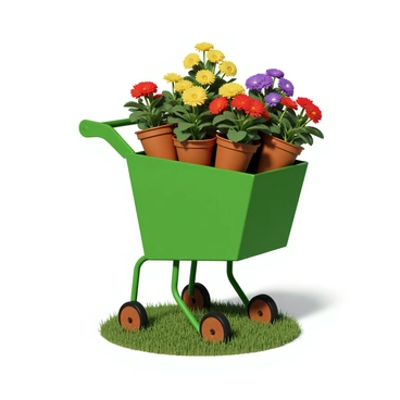 A shopping cart, painted in a vibrant shade of green, is filled with various potted plants of different sizes and shapes. The potted plants include colorful flowers like red geraniums, yellow daisies, and purple petunias, adding a lively touch to the arrangement. The cart has its handle raised, creating an inviting appearance as it sits on a patch of grass. The wheels of the cart are slightly rusty, contrasting with the bright greenery of the plants inside. Sunlight casts gentle shadows across the cart, enhancing the vibrant colors of the flowers and plants.
