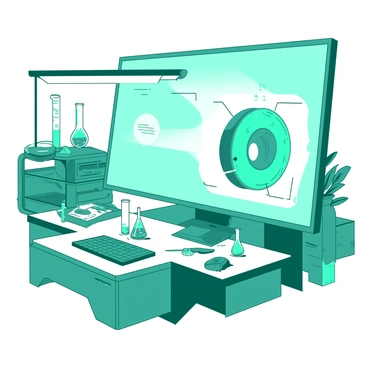 A teal laboratory setup features a large white digital screen displaying an animal cell diagram. The animal cell is detailed, with clearly labeled sections including the nucleus, mitochondria, and cell membrane. The laboratory is equipped with various scientific instruments, such as beakers and test tubes, placed neatly on a white countertop. There are soft teal shadows cast by the overhead lights, creating a focused atmosphere around the digital screen.