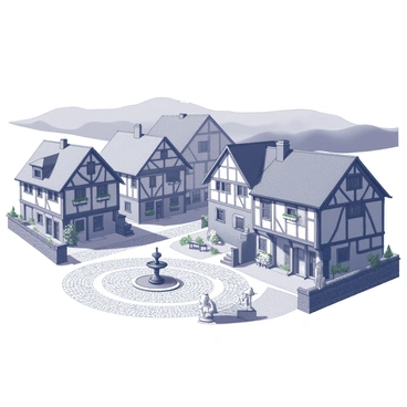 A medieval village featuring cobblestone streets winding through the scene. The houses are timber-framed, showcasing exposed wooden beams and thatched roofs. Each house varies in size and design, with some having small gardens and others displaying decorative window boxes. Villagers walk along the streets, some carrying baskets, while a stone fountain sits at the village center, surrounded by a few benches. In the background, there are rolling hills and a clear sky above the village.