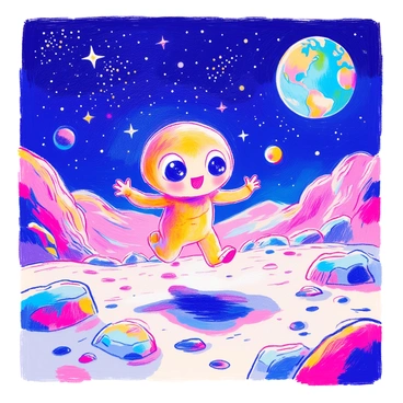 An extraterrestrial being with large expressive eyes and a round head is joyfully bouncing on the grey surface of the moon. Its elongated limbs stretch out as it leaps, capturing a moment of pure delight. The landscape is dotted with craters and rocky formations. Above, a starry sky sparkles with countless stars, and the Earth is visible in the distance, glowing with blue and green hues. The overall scene exudes a sense of wonder and playful energy.
