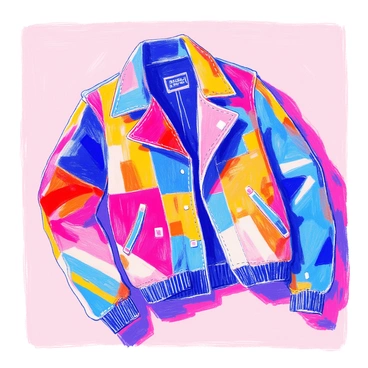 A jacket is displayed prominently, featuring a deconstructed design that breaks traditional forms. The fabric is segmented into various geometric shapes and angles, resembling a colorful puzzle. Each piece displays a mix of bold colors, including blues, reds, and yellows, with visible stitching that emphasizes the seams. The collar is asymmetrical, and the sleeves vary in length, further enhancing the unique silhouette. The jacket is laid out against a neutral background to highlight its intricate design.