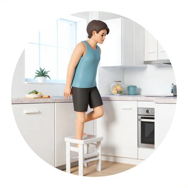 A person, wearing a blue tank top and black athletic shorts, is standing on a step stool in a bright kitchen. They have short brown hair, and they are focused on performing calf raises. The kitchen features white cabinets, a marble countertop, and stainless steel appliances. Sunlight streams through a window, illuminating the scene. In the background, there are potted herbs on the windowsill and a fruit bowl on the countertop, adding a touch of color to the environment.