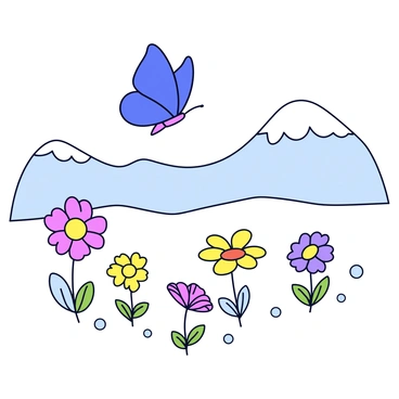 A butterfly with vibrant blue wings is fluttering above a snow-covered garden. The garden is filled with various colorful flowers poking through the snow, their petals slightly dusted with white. In the background, there are snow-capped hills that create a gentle, rolling landscape. The scene captures the contrast between the delicate butterfly and the winter frost surrounding it.