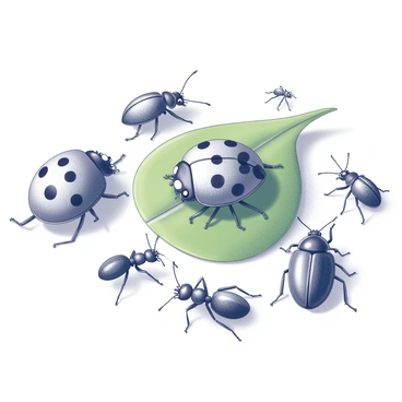 A close-up view of various insects. Several ladybugs with distinctive black spots are positioned on a green leaf. Nearby, a couple of beetles exhibit shiny exoskeletons, showcasing intricate patterns on their bodies. A few ants are seen navigating the surface, their legs in motion as they carry small objects. The scene captures the textures and details of each insect, emphasizing their unique features and interactions within the natural environment.