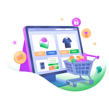 A modern pastel illustration depicting a computer screen displaying personalized product recommendations. The screen shows a variety of items, including clothing, electronics, and home decor, each labeled with a price tag. Surrounding the screen are icons representing categories like "Fashion," "Gadgets," and "Home." A shopping cart is positioned next to the screen, filled with colorful items. In the background, there are small icons of stars and hearts, emphasizing the idea of personalized suggestions.