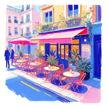 A cozy café is situated on a busy street, featuring several outdoor tables. Each table is topped with "red umbrellas" that provide shade. Patrons are seated at the tables, enjoying drinks and conversations. The café's façade presents a warm, inviting atmosphere with large windows and potted plants lining the entrance. People can be seen walking past on the street, adding to the bustling ambiance.