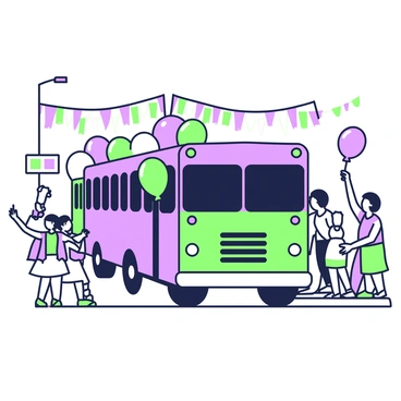 A bus is prominently displayed, decorated with a variety of festive balloons in vibrant colors. The bus is parked on a street lined with cheering spectators, some waving small flags. The balloons are attached to the sides and the front of the bus, creating a lively atmosphere. In the background, colorful banners are strung across the street, enhancing the celebratory feel of the local community parade. On the sidewalk, children are excitedly holding their own balloons, while adults capture the moment with their smartphones.