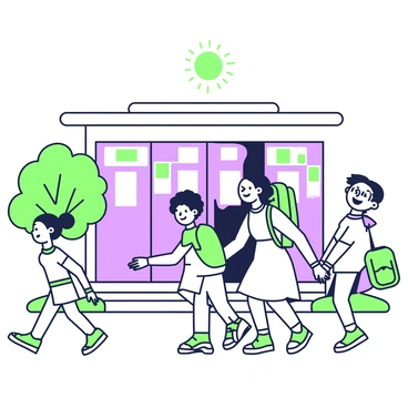 A diverse group of children is entering a school building, filled with excitement on their first day of desegregation. In the foreground, a girl with curly hair is laughing as she holds hands with a boy who has straight hair and is wearing a bright backpack. Nearby, another child with pigtails is skipping along, while a boy with glasses is looking around with wide eyes. The school entrance features large doors framed by colorful banners. In the background, a tree stands with green leaves, while a sunny sky is visible above.
