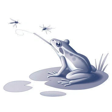 A frog poised on a lily pad, with its body slightly crouched in anticipation. Its tongue is extended outward, showcasing a long, sticky appendage aimed at a small, darting mosquito. The mosquito is captured mid-flight, appearing to zigzag as it attempts to escape the frog's grasp. The frog's skin texture is visible, with fine details highlighting its bumpy surface and vivid features. The surrounding environment is filled with a few blades of grass and water ripples emanating from the lily pad.