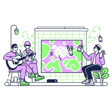 A group of street artists is gathered in a bustling urban environment. One artist is playing an acoustic guitar while seated on a stool, wearing casual clothing and sunglasses. Next to him, another artist is painting a large mural on a brick wall, using a variety of spray cans and brushes. The mural features abstract shapes and forms with various patterns and textures. Behind them, a small crowd has formed, clapping and enjoying the performance. Various urban elements like benches, lampposts, and potted plants are visible, contributing to the lively atmosphere of the street scene.