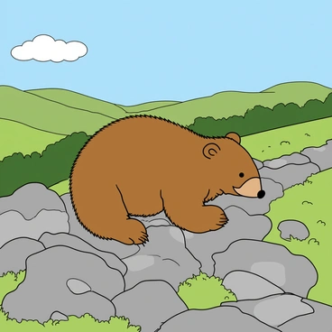 A brown wombat with thick fur is climbing a rocky mountain trail. The trail is lined with various-sized gray stones and patches of green grass. In the background, there are rolling hills and a clear blue sky dotted with a few fluffy white clouds. The wombat's paws are firmly gripping the rocks, and its snout is pointed forward, focused on the path ahead. The scene captures the lush greenery of the surrounding landscape, with distant trees and a hint of a valley below.
