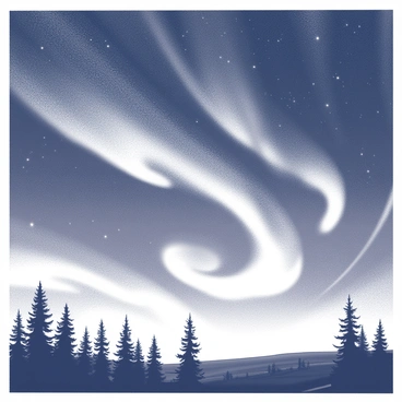 A vast night sky filled with swirling patterns of light. The northern lights exhibit dynamic movements, creating waves and arcs that appear to dance across the horizon. The scene includes scattered silhouettes of pine trees at the bottom, grounding the composition. The sky itself has a gradient that transitions smoothly between shades of black and white, providing a dramatic backdrop to the luminous display. The overall atmosphere is one of wonder and awe as the natural phenomenon unfolds above the tranquil landscape.