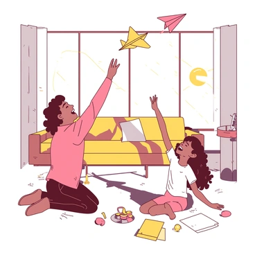 In a sunlit living room, "an adult and a child" are joyfully flying "paper airplanes." The adult is kneeling on the floor, with a warm smile, as they launch a brightly folded airplane into the air. The child, sitting cross-legged, laughs with excitement, holding a colorful paper airplane ready to throw. Sunlight streams through large windows, casting soft shadows and creating a cheerful atmosphere. Various scattered papers and a playful assortment of toys can be seen in the background, enhancing the lively scene.