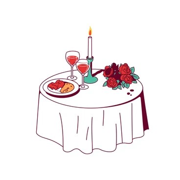 A white tablecloth is elegantly draped over a small round table set for two. On the table, there are two plates adorned with food, and a single flickering candle in a teal holder stands in the center, casting a soft glow. Nearby, two wine glasses are filled with a rich red beverage, and a small bouquet of red roses is placed beside the candle. The gentle light from the candle creates a warm atmosphere, enhancing the romantic setting.