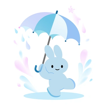 A small, cartoonish character resembling Miffy is walking while holding a colorful umbrella. The umbrella is open, displaying a cheerful pattern. Raindrops are falling gently from the sky, creating a soft mist around the character. The ground is slightly wet, reflecting the pastel colors of the scene. Surrounding the character is a light, blurred background of softly colored, blurred silhouettes of trees and flowers.