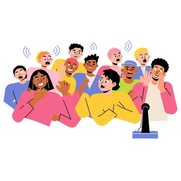 A crowd of diverse individuals covering their ears in reaction to a loud, high-pitched screech from a microphone. The people display various expressions of discomfort and surprise, with some furrowing their brows and others squinting their eyes. The microphone stands on a small podium in the foreground, and sound waves are illustrated emanating from it. Bright colors enhance the vividness of the scene, drawing attention to the immediate reactions of the crowd.
