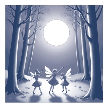 A forest glade illuminated by a bright moon. Tall trees surround the clearing, their branches stretching toward the night sky. Several fairies are depicted in mid-dance, their delicate wings shimmering as they move gracefully. Each fairy has a unique appearance, with varying hairstyles and garments that appear intricately designed. The ground is dotted with small flowers and moss, adding texture to the scenery. The atmosphere is filled with soft light, creating a whimsical and enchanting mood.