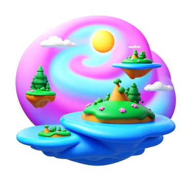 A dreamscape with swirling neon colors in shades of pink, blue, and green. Floating islands hover in the sky, each with lush greenery and colorful flowers. Wisps of clouds drift between the islands, adding depth to the scene. A bright, glowing sun casts colorful reflections on the islands, enhancing the vibrant atmosphere.