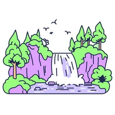 A waterfall is cascading down the steep side of a lush plateau. The water flows vigorously, creating mist as it hits the rocks below. Surrounding the waterfall, there are tall, dense trees with a variety of leaves. The plateau is dotted with patches of greenery, and the sunlight filters through the foliage, casting shadows on the ground. Birds can be seen flying in the clear sky above the waterfall, adding to the lively scene. A rocky outcrop can be seen at the edge of the plateau, providing a vantage point to observe the flowing water below.