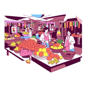 A vibrant scene of a bustling market in Ubud filled with various stalls showcasing an array of fresh fruits and handmade crafts. The stalls are adorned with colorful displays of tropical fruits, such as bright orange mangoes, deep red dragon fruits, and yellow bananas, all neatly arranged in wicker baskets. Nearby, artisans are skillfully crafting unique handmade items, including intricate wooden carvings and bright woven textiles. Customers are walking through the aisles, some examining the fresh produce while others engage with the artisans. The atmosphere is lively, with a variety of sights and activities capturing the essence of a local market.