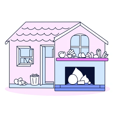 A beachside cottage with a light pastel-colored exterior. The cottage has a thatched roof and a small porch with white railings. Inside, there is a mantle above a cozy fireplace. The mantle is decorated with various seashells of different shapes and sizes, along with small driftwood sculptures arranged artistically. The scene is brightened by sunlight streaming through a nearby window, casting soft shadows.