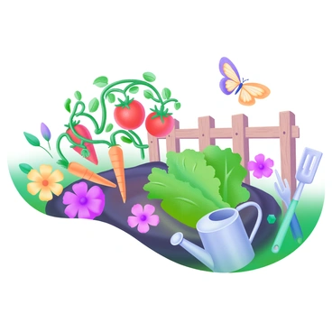 An illustration of a flourishing garden with various fruits, vegetables, and blooming flowers.