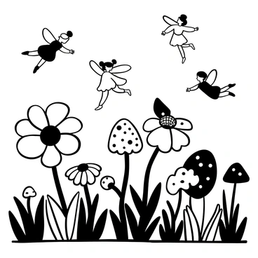 A whimsical field filled with oversized flowers and large mushrooms scattered throughout. Several fairies are depicted in mid-flight, their wings spread wide as they hover near the flowers. The flowers have intricate patterns on their petals, and the mushrooms vary in shape and size, some with dotted caps. The scene is populated with tall grasses swaying gently, creating a lively atmosphere in the field.