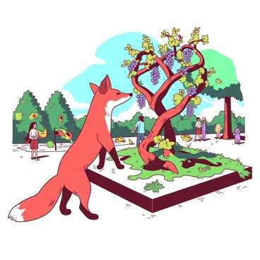 A red fox is standing on its hind legs, curiously admiring a large, intricate grapevine sculpture located in a public park. The sculpture is composed of twisting vines and clusters of grapes, showcasing a blend of both artistic flair and natural elements. Surrounding the sculpture, there are patches of green grass and colorful flowers blooming nearby. The sun is shining down, casting soft shadows on the ground, while a few people can be seen in the background enjoying the park.
