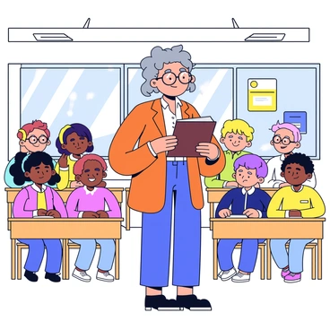 A vintage teacher with gray hair wearing round glasses stands upright, holding an oversized book with a dark brown cover. The classroom is filled with eager students, each displaying a look of curiosity and excitement. Sunlight streams through large windows, illuminating the room and casting soft shadows. The walls are decorated with colorful educational posters, and the wooden desks are arranged in neat rows. Each student has a unique hairstyle and clothing style, contributing to the lively atmosphere.
